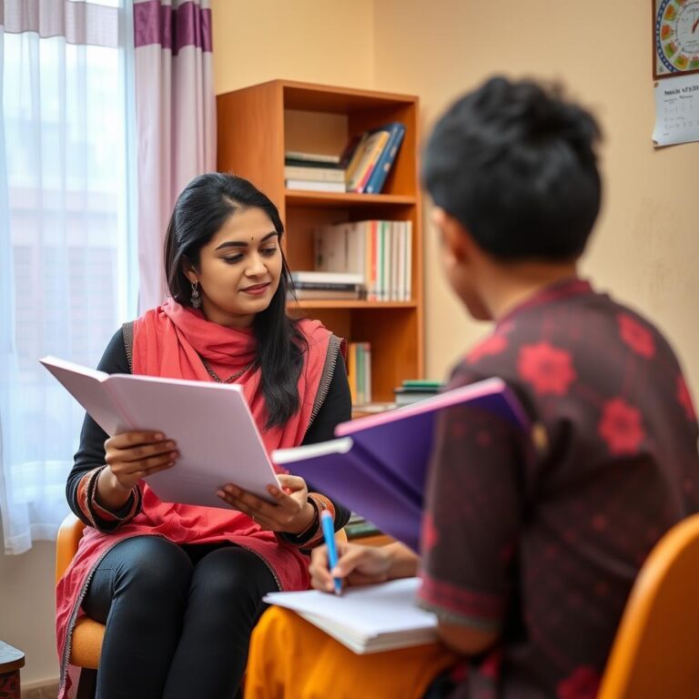 Female tutor in Rohini Delhi home office teaching math to Class 10 student upright notebooks and CBSE board reference charts 768x768